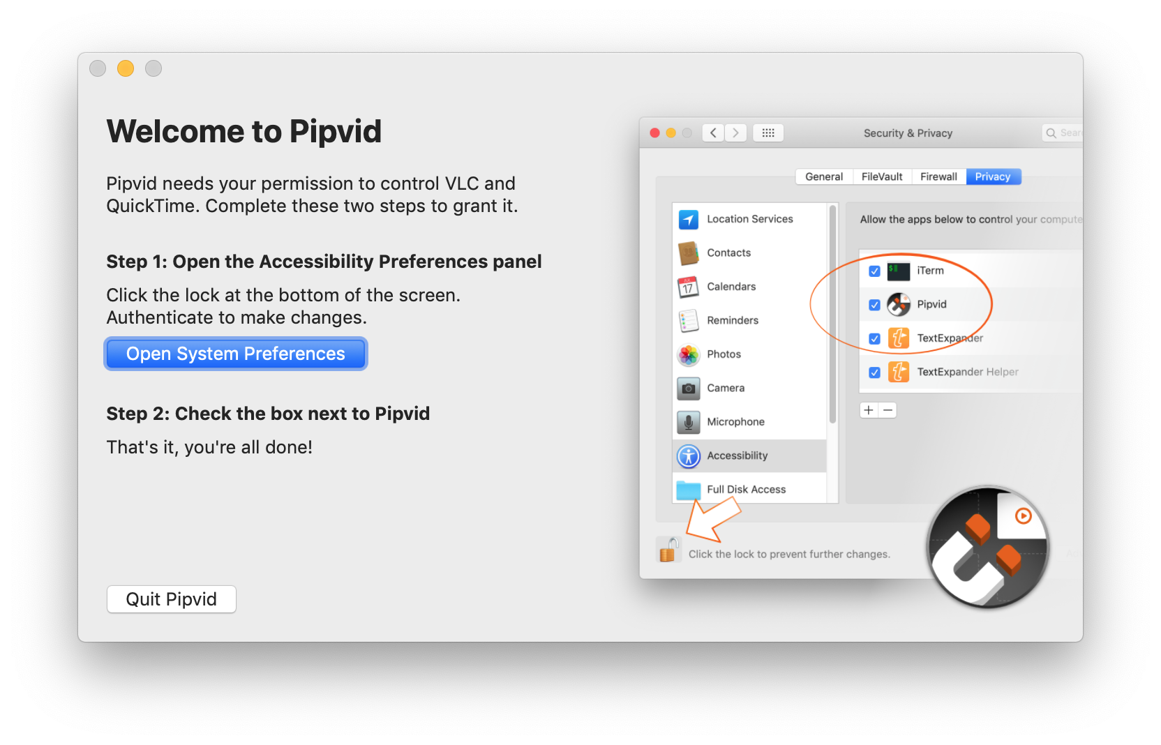 Dialog asking for Accessibility permission for Pipvid