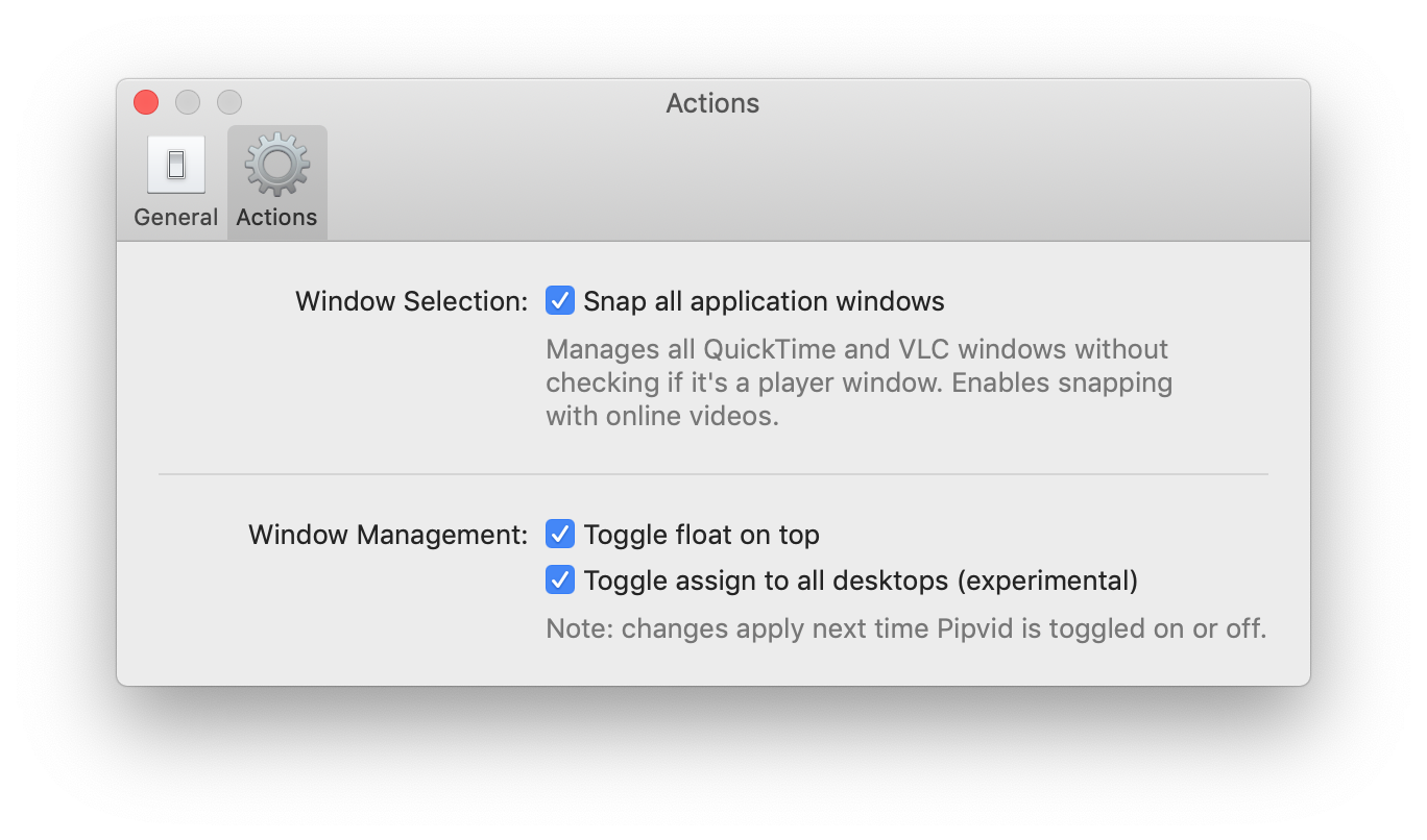 Pipvid's preferences screen showing an option to disable snapping all windows